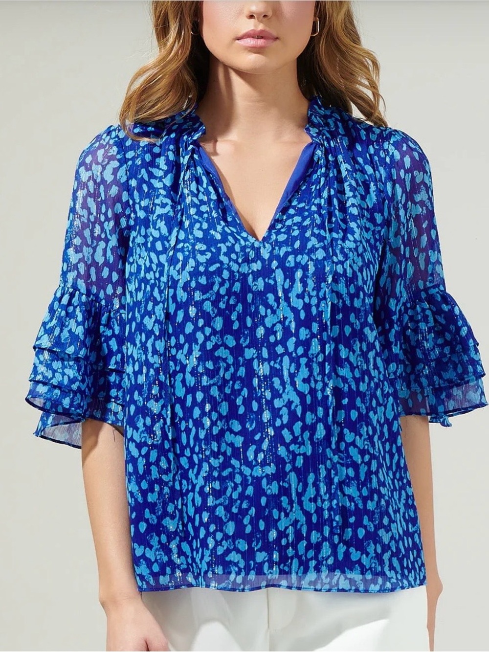 Sugarlips Blue Printed Tie-Neck Blouse